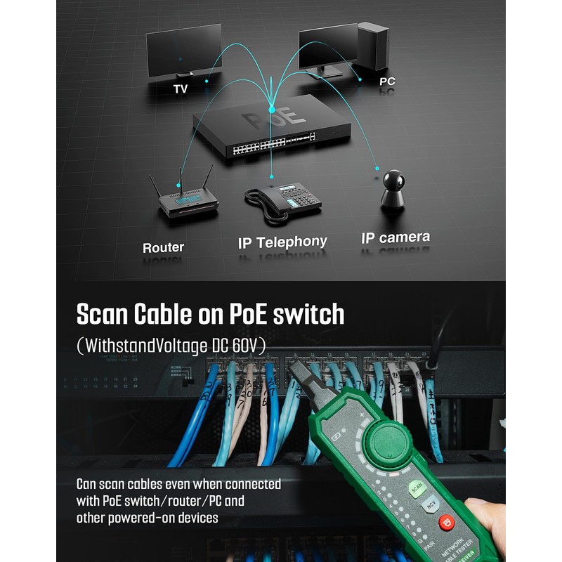 TESMEN TLP-900AR Network Cable Tester, RJ11 RJ45, for CAT5/6/POE/STP, Multi-function