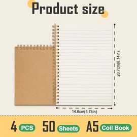 JIANTA 4 Packs Spiral Lined Notepad A5, 100 Pages/ 50 Sheets Kraft Cover Wirebound Notebooks Bulk Journals, Memo Notepads Planner for Business Office School Travel