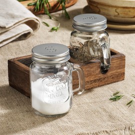 MosJos Mason Jar Salt and Pepper Shakers - Vintage Glass Condiment Dispenser Set with Wooden Holder Caddy - Farmhouse Kitchen Decor, Easy Refill 5-ounce Capacity with Stainless Steel Lids