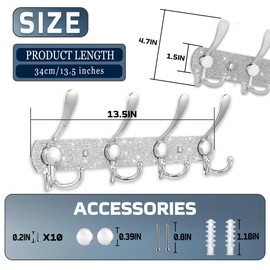 BlackFish Wall Mounted Coat Rack, Shiny Silver Rhinestones Four Heavy Duty Tri Hooks,Coat Rack freestanding,Purse Rack,for Jacket Coat Hat in Mudroom Entryway (2-Pack)