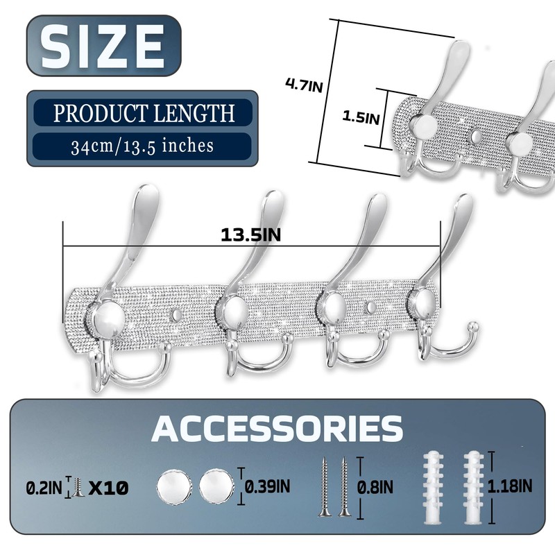 BlackFish Wall Mounted Coat Rack, Shiny Silver Rhinestones Four Heavy