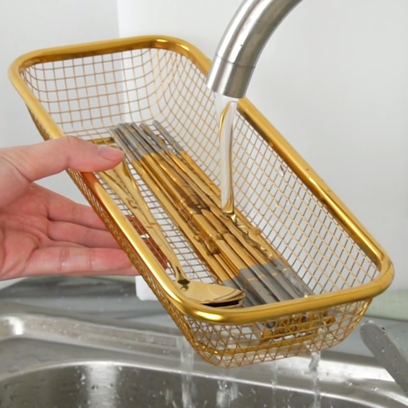 BYEGOU Gold Kitchen Drawer Organizer, Stackable Mesh Storage Baskets, Stainless