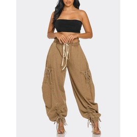 Voghtic Women's Baggy Y2K Elastic Waisted Jeans Bow-Knot Drawstring Pull-On Cargo Denim Pants Harem Pants Streetwear Khaki
