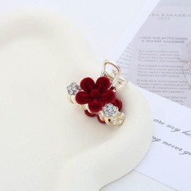 Aneneiceera Vintage Rote Satin Blume Haarspange Barrette Roten Samt Haar Klemme Barrette Kristall Floral Haar Kralle Pin Clips Dekorative Haar-Accessoires Für Frauen (Blume)
