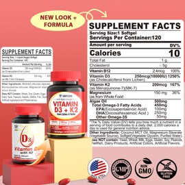 Plant-Based Vitamin D3 K2 Supplement Softgel - Vit D3 10000 Iu + Vitamin K2 Mk7 200 Mcg, Algae Omega-3, Magnesium, Vitamin B12 For Bone & Muscle, Immune Support, Max Absorption, Easy To Swallow 1pack