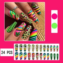 Colorful Leopard Print Press on Nails Medium Length Coffin with Zebra Stripes Design Full Cover Cute Ballet Shape Glossy Acrylic Fake Nails for Women Girls DIY Manicure Decorations 24Pcs
