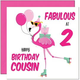 2nd Cousin Birthday Card - Fabulous Flamingo - Ladies Womens Pink Cute Cousins Birthday Card for 2 Year old Kids two, second