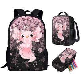 ZFRXIGN Sakura Axolotl Kids Backpacks Girls Bookbags with Insulated Lunch Bag Pen Case Daypack for Child Outdoor Sports Travel Pink Cherry Blossom Flower