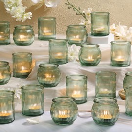 NITIME 24pcs Assorted Green Votive Candle Holders for Table Centerpiece, Ribbed Tea Lights Candle Holder Glass, Green Candle Holders for Wedding Table Decor, Bridal Shower and Tea Party Decorations