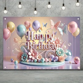 Flower and Butterfly Pattern Theme Happy Birthday Backdrop Banner Happy Birthday Decoration Background Banner Birthday Party Decoration Photo Banner Background