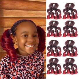 Burgundy Braiding Hair Short French Curl Braiding Hair for Kids 8 Inch 8 Packs Wavy Pre Stretched Curly Braiding Hair French Curls Box Braids with Curly Ends (8 Inch,Tbug)
