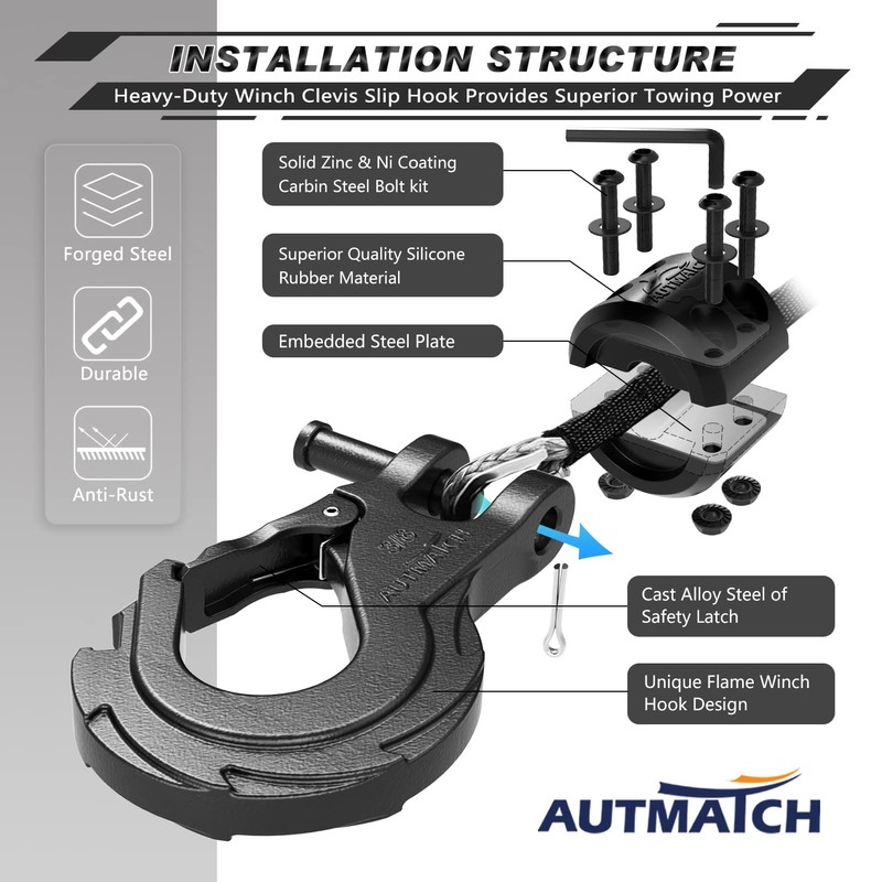 AUTMATCH Winch Hook 3/8" - Clevis Slip Hook with Safety