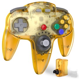 Wireless N64 Controller, 2.4GHZ Retro Rechargeable Wireless Remote Joystick Game Pad Controller Compatible with N64 System Video Console Clear Yellow