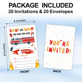 Fire Truck Invitations With Envelopes For Kids Birthday Party - Sound The Alarm and Grab Your Gear - 20 Pcs Double Sided Fill in Invitations For Boys Girls Birthday Party Favors & Supplies - A10