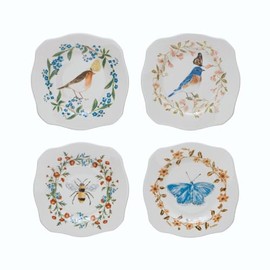 Scalloped Stoneware Plate with Insects, Birds & Flowers, Multi Color, 4 Styles by Creative Co-Op