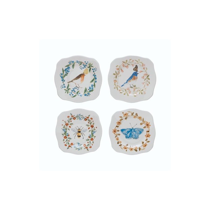 Scalloped Stoneware Plate with Insects, Birds & Flowers, Multi Color,