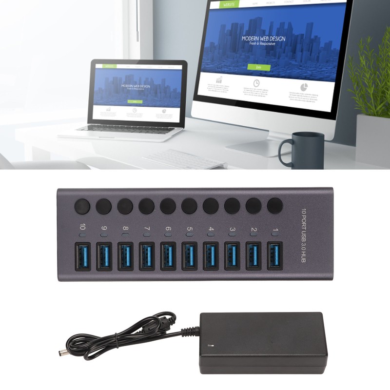 10 Port USB3.0 Hub Splitter Independent Power Supply Charging Data