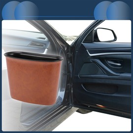 INFINAUTO Car Trash Can Car Door 8.3" Length 3.9" Width 5.9" Height Auto Trash Bin Faux Leather Plastic Khaki Hanging