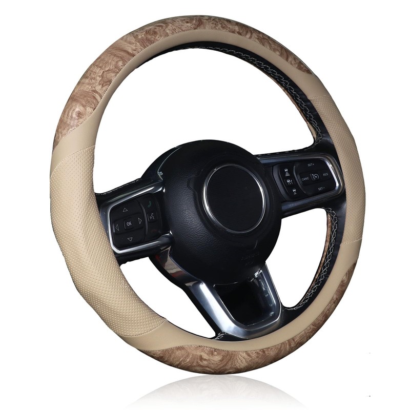 Wood Grain Steering Wheel Cover, 14.5-15 inch, Beige