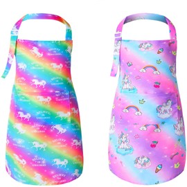 2 Pack Kids Apron Rainbow Unicorn Aprons With Pockets for Girls Boys Toddler Apron for Painting Cooking Baking