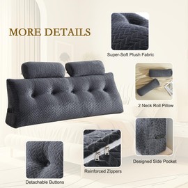 YOUR MOON Wedge Headboard Pillow Queen with 2 Pack Neck Roll Pillows, Triangular Wedge Backrest Pillow Headboard for Bed,Daybed,and Lounging, Large Bed Bolster Pillows,Dark Gray