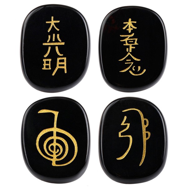 SUNYIK Flat Oval Black Agate with Engraved Usui Symbols Palm Stone Worry Stones Set of 4