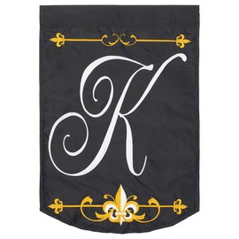 Monogram K Fleur De Lis Black Gold 18 x 13 Spun Polyester Outdoor Garden Flag