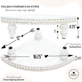 Corner Pedestal Stand Rustic Decor Riser for Display - Farmhouse Wood Rounded Beaded Tray for Kitchen and Bathroom Countertop Organizer, Coffee Bar, Plant Stand with Removable Feet (Rustic White)