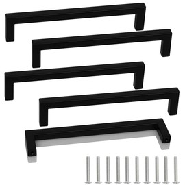 Drenky Black Kitchen Handles, 5 Pcs Stainless Steel Square T Bar Handles for Drawers & Cabinets - 160mm Center Hole with Screw