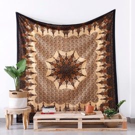 Popular Handicrafts Hippie Mandala Intricate Floral Design Indian Bedspread Tapestry 84x90 Inches,(215cmsx230cms) Brown Black