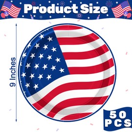 QZYL 50 PCS 4th of July Plates, 9 Inches Heavy Duty Paper Plates, Round Disposable Plates for Party, Paper Tableware for Veterans Day Memorial Day Patriotic Independence Day Party Decorations