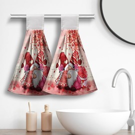 Valentines Day Gnome Bathroom Hand Towels with Loop Set of 2 Pink Hearts Rose Hanging Dish Kitchen Towels 17 x 12 inch Soft Absorbent Sweet Love Tie Towel Dishcloths for Washroom Bathroom Kitchen