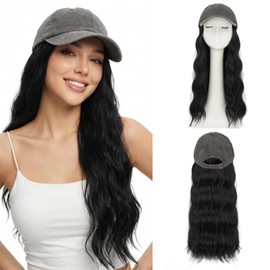 SEGO Pro Hat Wig, Baseball Cap with Hair Attached for Women, 18" Blackish Gray Hat Wig with Heat Resistant Synthetic Hair Extensions, for Daily Wear, Busy Mornings- Wavy, Jet Black