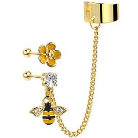 JEWSEEN Cartilage Tragus Earrings Chain Helix Earring Zirconia Bee Ear Cuff Double Piercing Earrings Set Stainless Steel Earrings for Women Men, Cubic Zirconia, Cubic Zirconia