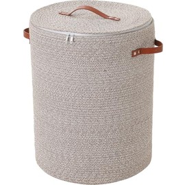 Extra Large Cotton Rope Storage Basket with Lid and Zipper, Versatile Laundry Hamper and Cloth Bin for Clothes, Towels, Blankets, Living Room Organization (All Deep Camel White Mix, 16"x20")
