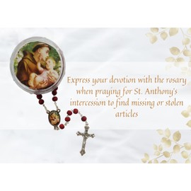 St Anthony Rosary - with Laminated Prayer Card, Saint Anthony of Padua Pocket Token Coin, The Lord's Prayer Card, Rosary Case | Catholic Patron Saint of Lost Things | Total of 5 Items in Set