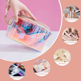 Clear Iridescent Holographic Makeup Bag, Thick PVC Small Clear Toiletry Bag for Travel, Waterproof Cosmetic Bag with Durable Zipper, Portable Transparent Pouch Organizer for Women, 7.3 * 3 * 4.1 Inch