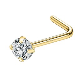 SYLWIA 14K Real Gold Nose Studs 20g, L Shaped Nose Rings Corkscrew, Simulated Diamond CZ Hypoallergenic 20 Gauge Nose Ring Piercing for Women Wen Gifts - 2mm 2.5mm 3mm CZ, Yellow Gold, cubic zirconia