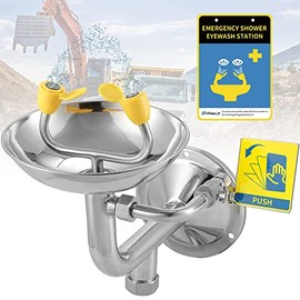 Frifreego Wall Mounted Eye Wash Station Emergency Eyewash Station Safety Eye Washing Kit for Outdoor&Indoor Use, Stainless Steel, with NPT Adapter&Eyewash Sign