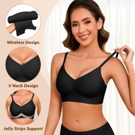 Xnova Women's Wireless Push Up Bras Ladies Non Wired Full Support Soft Padded Seamless Tshirt Bralette Comfort Sleep Everyday Bras with Spaghetti Straps, Black, L