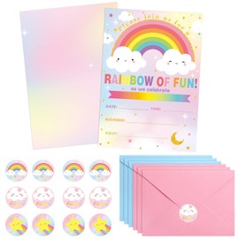 Nezyo 24 Sets Rainbow Birthday Invitations with Envelopes and Stickers for Girls Party Invitations for Kids Rainbow Birthday Baby Shower Party Decoration