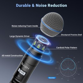 BASN Wireless Two Microphone System with UHF Dual-Channel Receiver, Metal Handheld Dynamic Mics Kit for for Karaoke Singing, Wedding, Party, Church, Speech (White/Black)