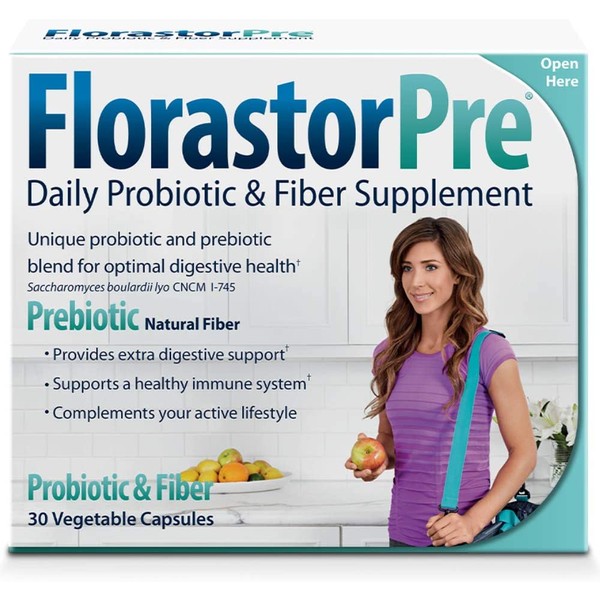 Florastorpre Daily Probiotic & Fiber Supplement for Men, Women & children, 30 Capsules