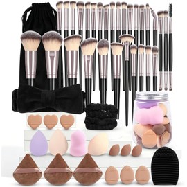 Set De 52 Piezas De Utensilios De Maquillaje,Que Incluye 30 Pinceles Y Esponjas De Maquillaje,Con Bolsa De Almacenamiento De Felpal,Set De Pinceles Multifuncionales, Ideal Para Viajar Y Para El Uso Diario (Negro y dorado)