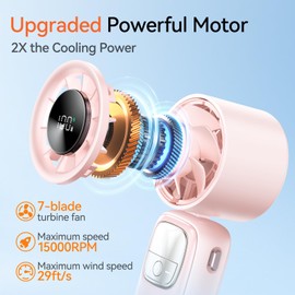 KIMMOO 3-in-1 Portable Handheld Turbo Fan-100 Speeds, 15000 RPM, 10Hrs Cooling, LED Display, 90° Rotation, USB Rechargeable Battery Powered, Mini Foldable Hand Held Personal Fan for Women Men (Pink)