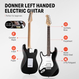 Donner Donner 39 Inch Left-Handed Electric Guitar Kit Solid Body Black Lefty Beginner Set Full-Size with Amplifier Online Lesson Bag Digital Tuner Capo Strap String Cable Picks DST-100BL