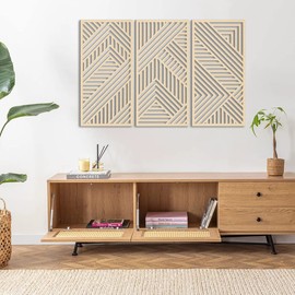 BINCUE Geometry Boho Wood Wall Art 3 Panel with 3D Hollow Craft Art for Kitchen Bathroom Living Room Office Decor Lightweight Hanging Wall Art Decor