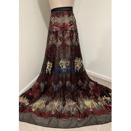 wowfabric4less123 Burgundy Gold Iridescent sequins On Black Stretch Fabric 50” Width 1 Yard