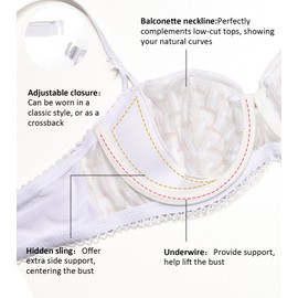 DotVol Women's Lace Sheer Balconette See Through Unlined Underwire Everyday Bra(White,34C)