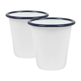 Argon Tableware 300ml Enamel Tumbler Cups with Blue Rims - Pack of 2 - White Enamel Reusable Stainless Steel Drinking Glasses Travel Cups for Camping, Travelling, Picnics